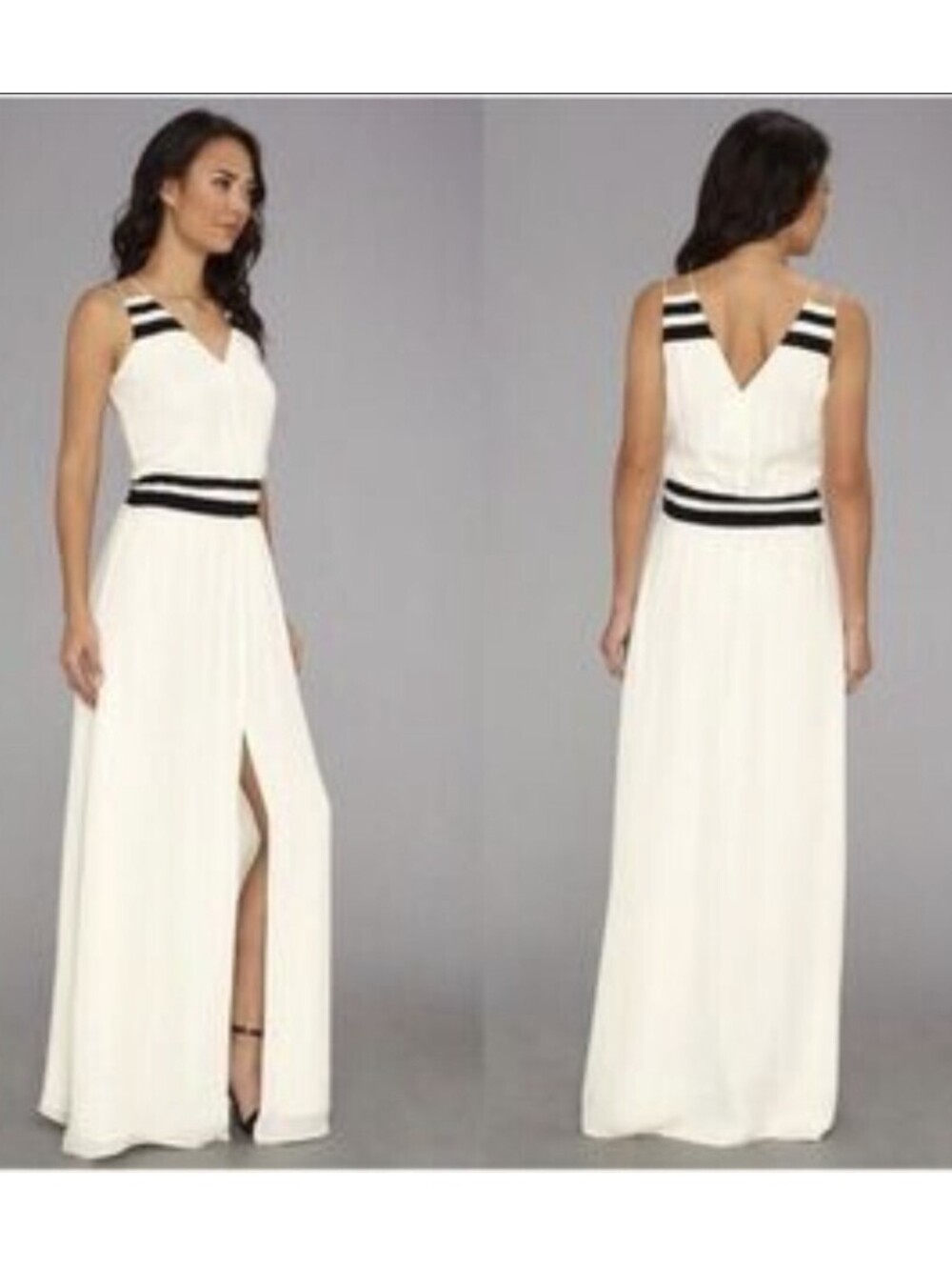 Parker White Black Stripe V-Neck Maxi Dress Front Slit Small
